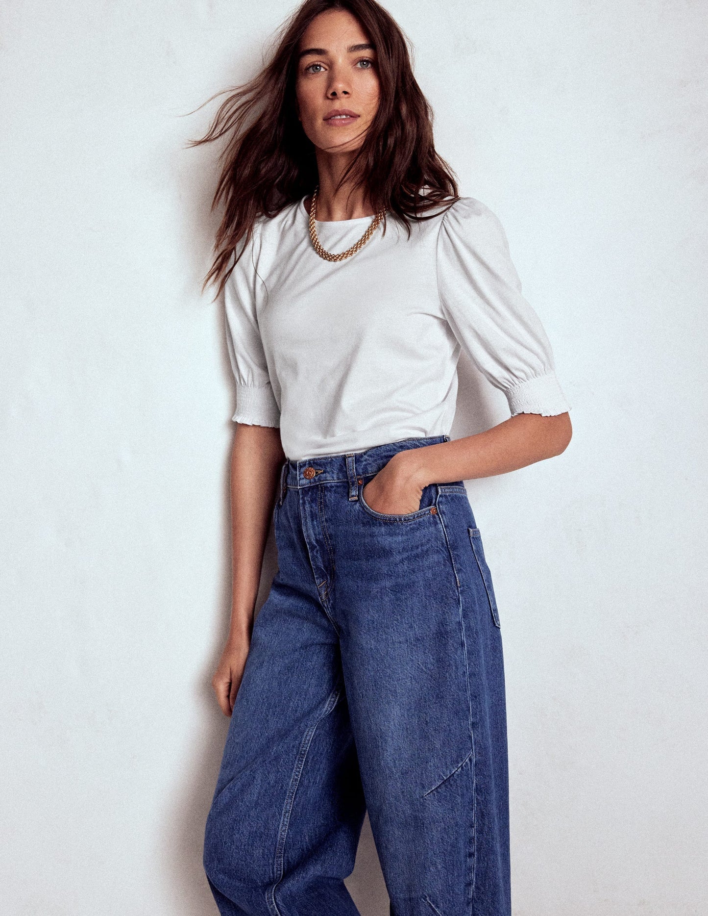 Boden Short Sleeve Smocked Cuff Top - White