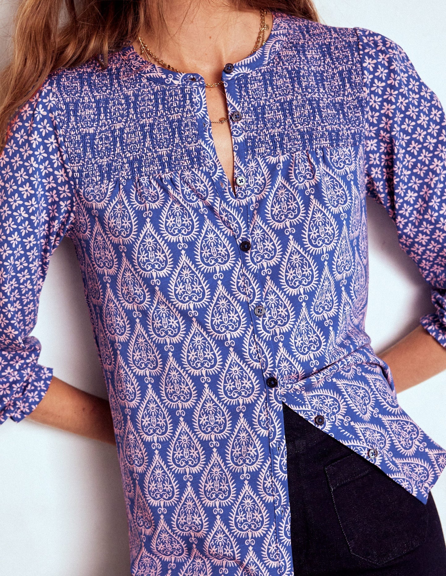 Boden Elsa Smocked Yoke Jersey Shirt - Bright Blue, Ornate Geo