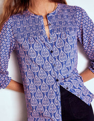 Boden Elsa Smocked Yoke Jersey Shirt - Bright Blue, Ornate Geo