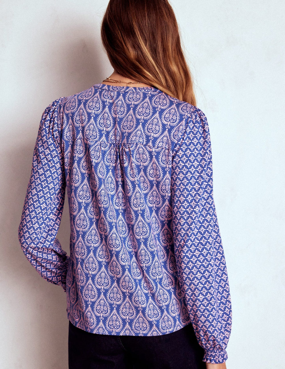 Boden Elsa Smocked Yoke Jersey Shirt - Bright Blue, Ornate Geo