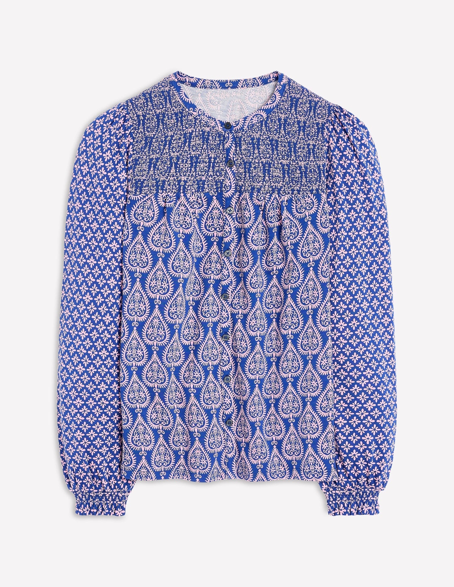 Boden Elsa Smocked Yoke Jersey Shirt - Bright Blue, Ornate Geo