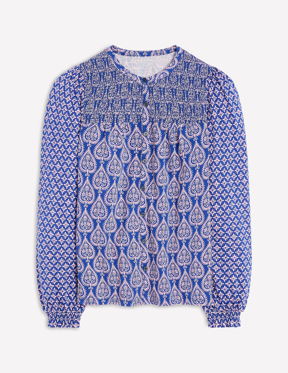 Boden Elsa Smocked Yoke Jersey Shirt - Bright Blue, Ornate Geo