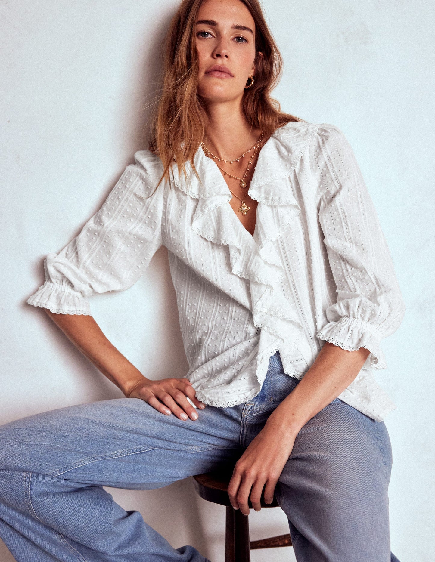 Boden Ruffle V - Neck Blouse - White