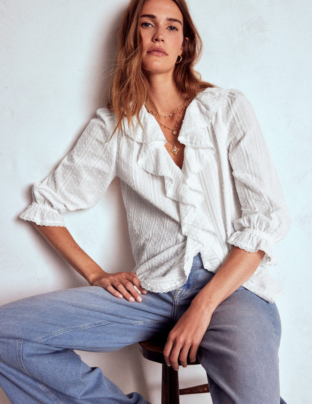 Boden Ruffle V - Neck Blouse - White