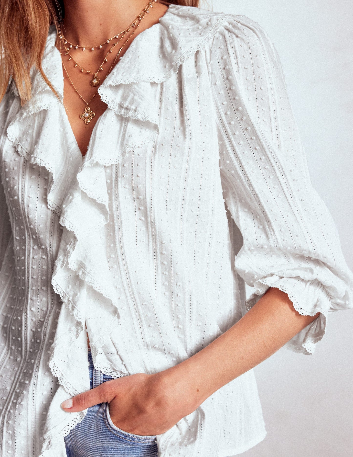 Boden Ruffle V - Neck Blouse - White