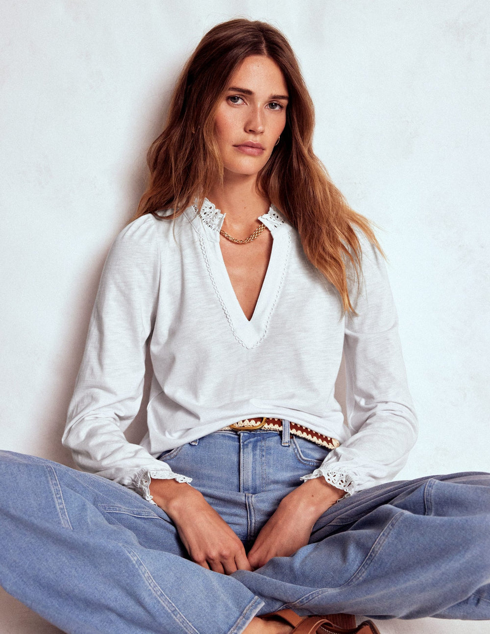 Boden Aria Broderie Notch Neck Top - White
