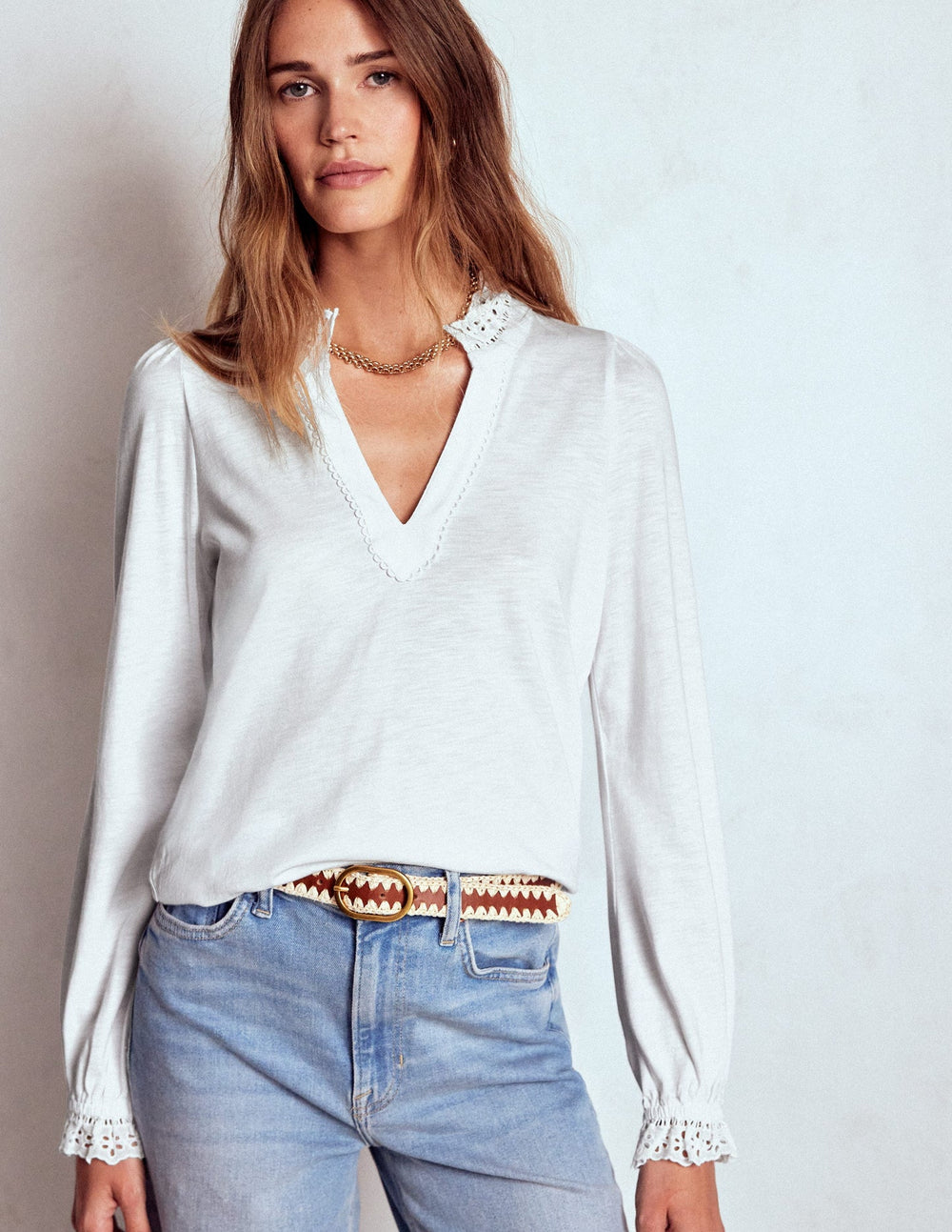 Boden Aria Broderie Notch Neck Top - White