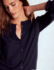 Boden Elsa Smocked Yoke Jersey Shirt - Navy