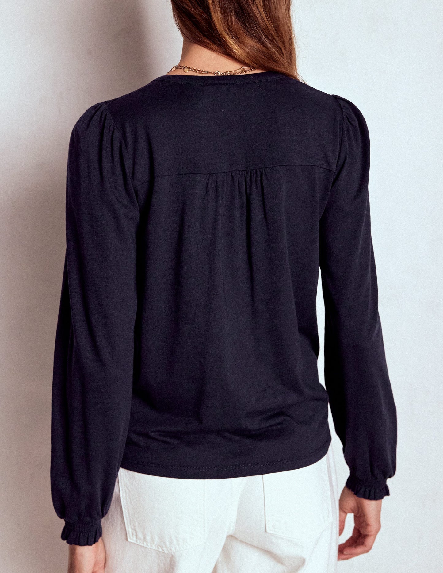 Boden Elsa Smocked Yoke Jersey Shirt - Navy