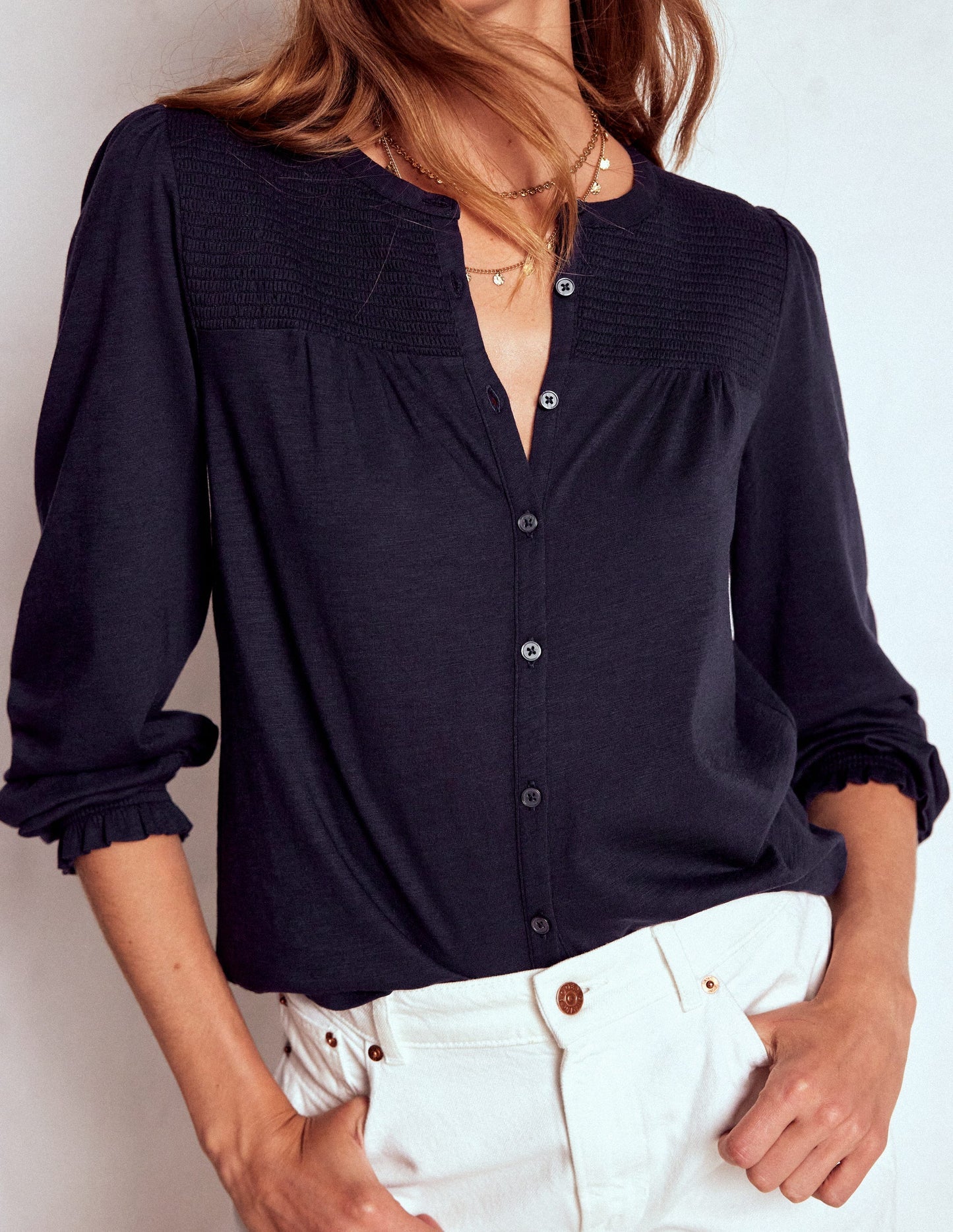 Boden Elsa Smocked Yoke Jersey Shirt - Navy