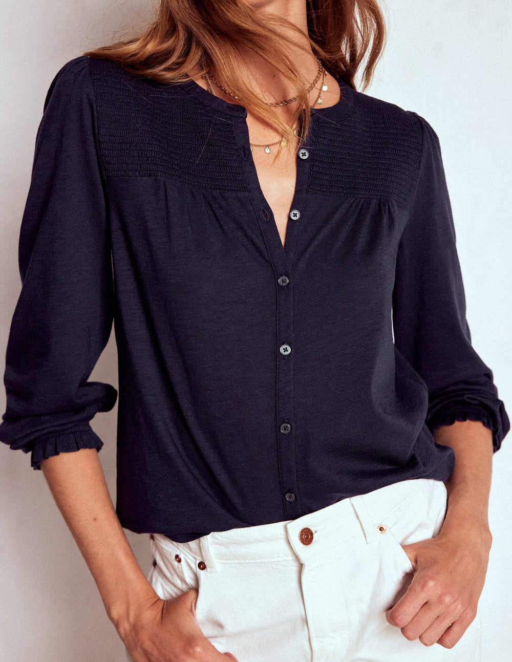 Boden Elsa Smocked Yoke Jersey Shirt - Navy