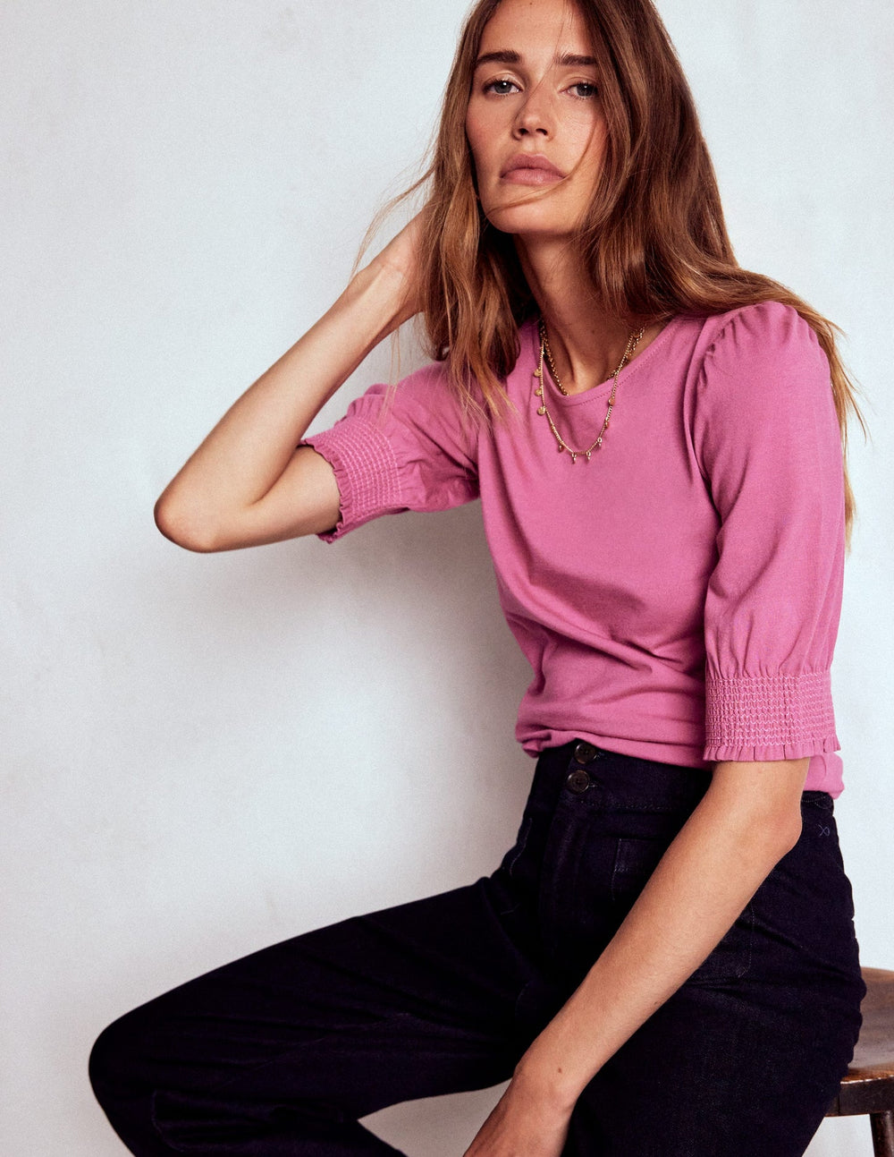 Boden Short Sleeve Smocked Cuff Top - Purple Damson