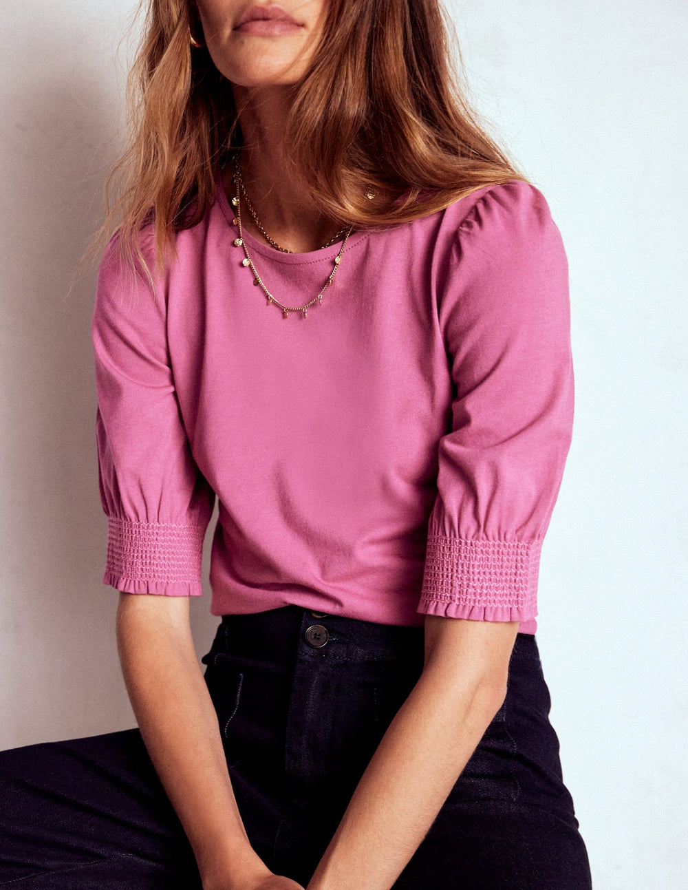 Boden Short Sleeve Smocked Cuff Top - Purple Damson