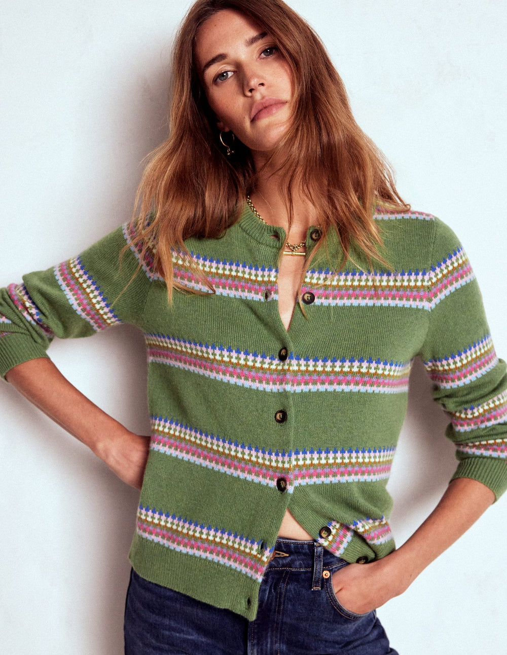 Boden Edie Fair Isle Cardigan - Green, Diamond