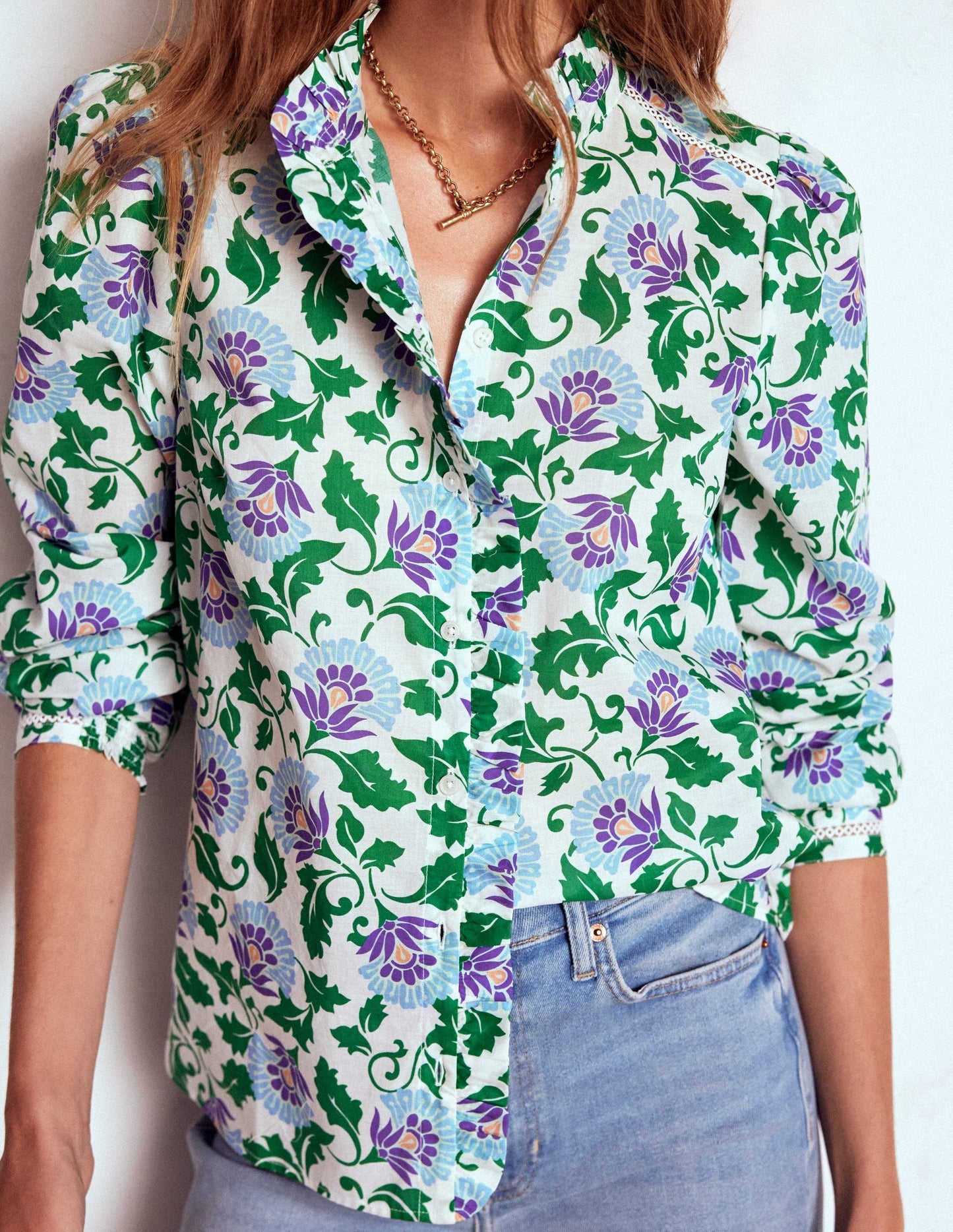 Boden Helena Cotton Top - Rich Emerald, Ornate Vine