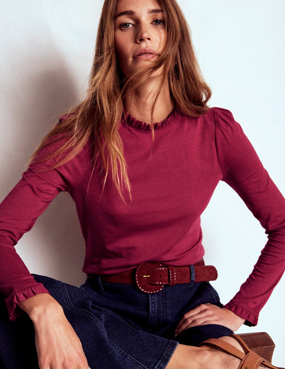 Boden Supersoft Frill Detail Top - Burgundy Red