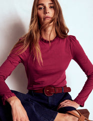 Boden Supersoft Frill Detail Top - Burgundy Red