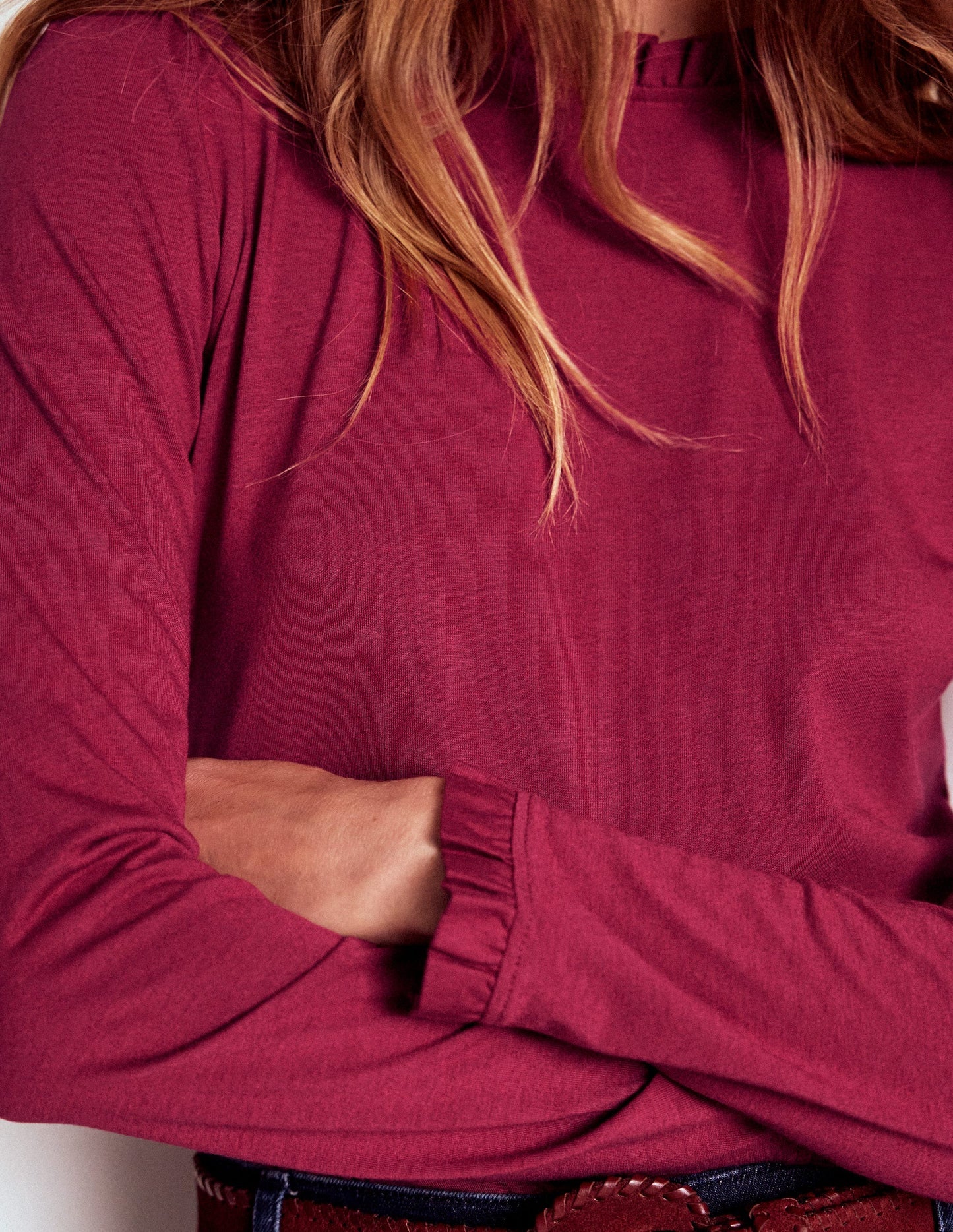 Boden Supersoft Frill Detail Top - Burgundy Red