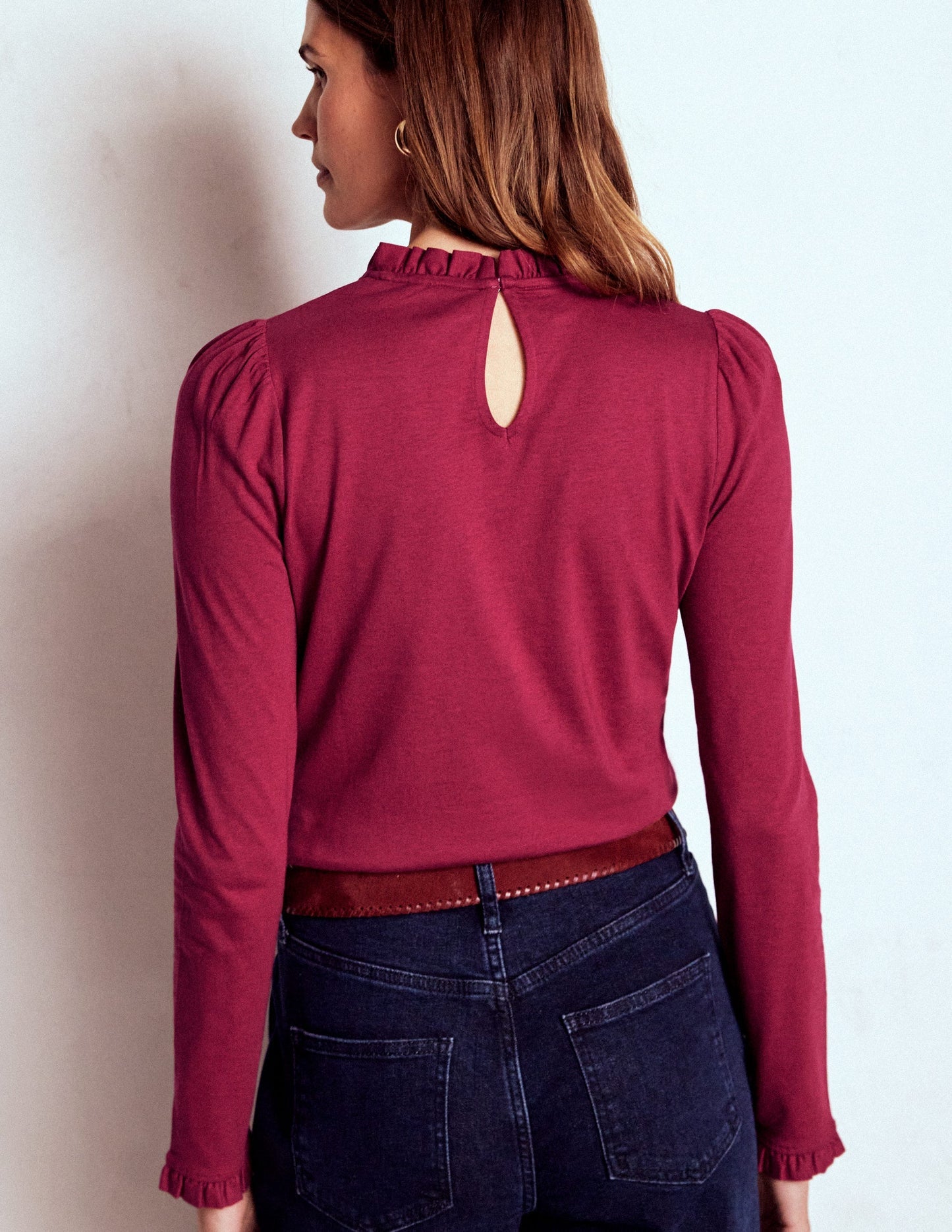 Boden Supersoft Frill Detail Top - Burgundy Red