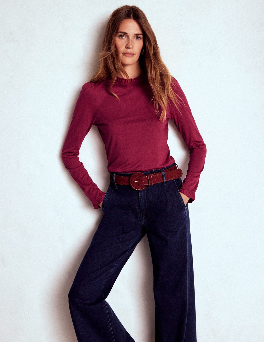 Boden Supersoft Frill Detail Top - Burgundy Red