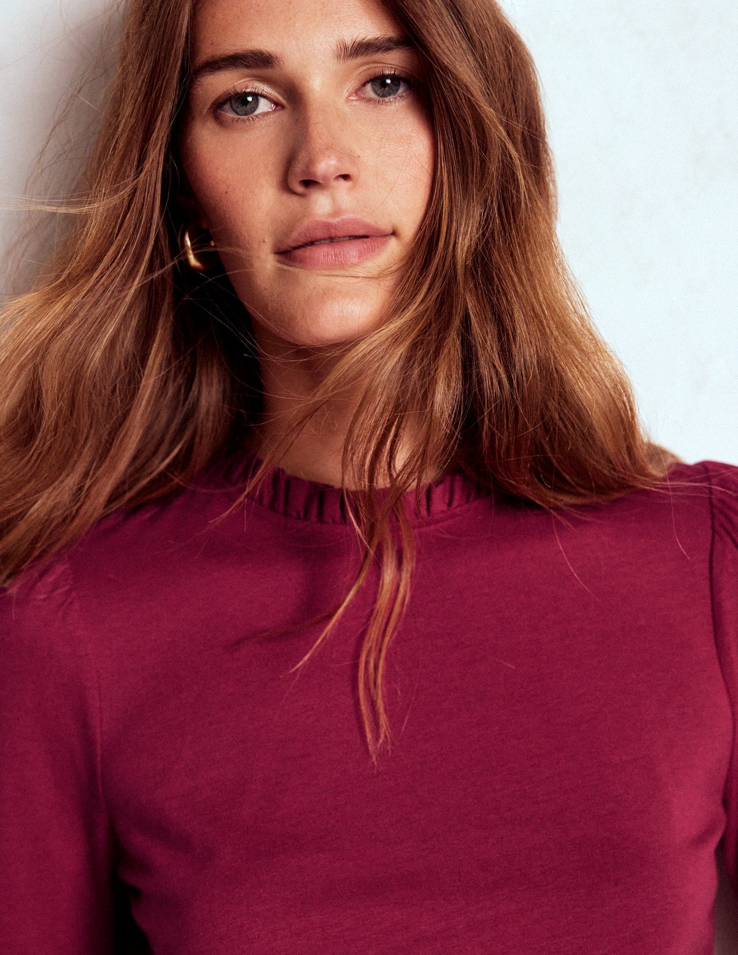 Boden Supersoft Frill Detail Top - Burgundy Red