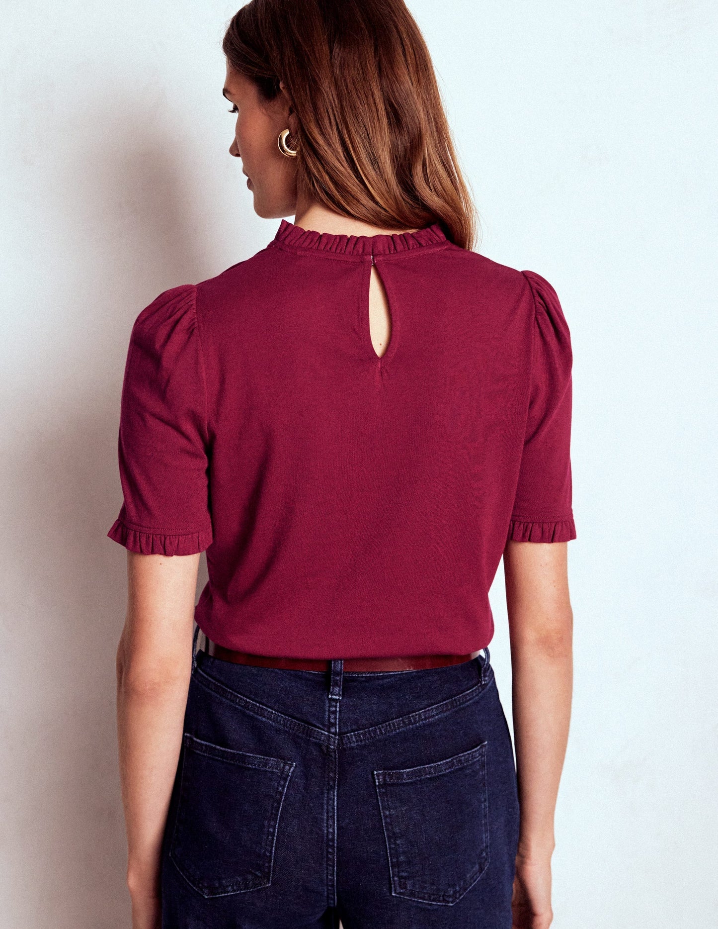 Boden Supersoft Frill Detail T-shirt - Burgundy Red