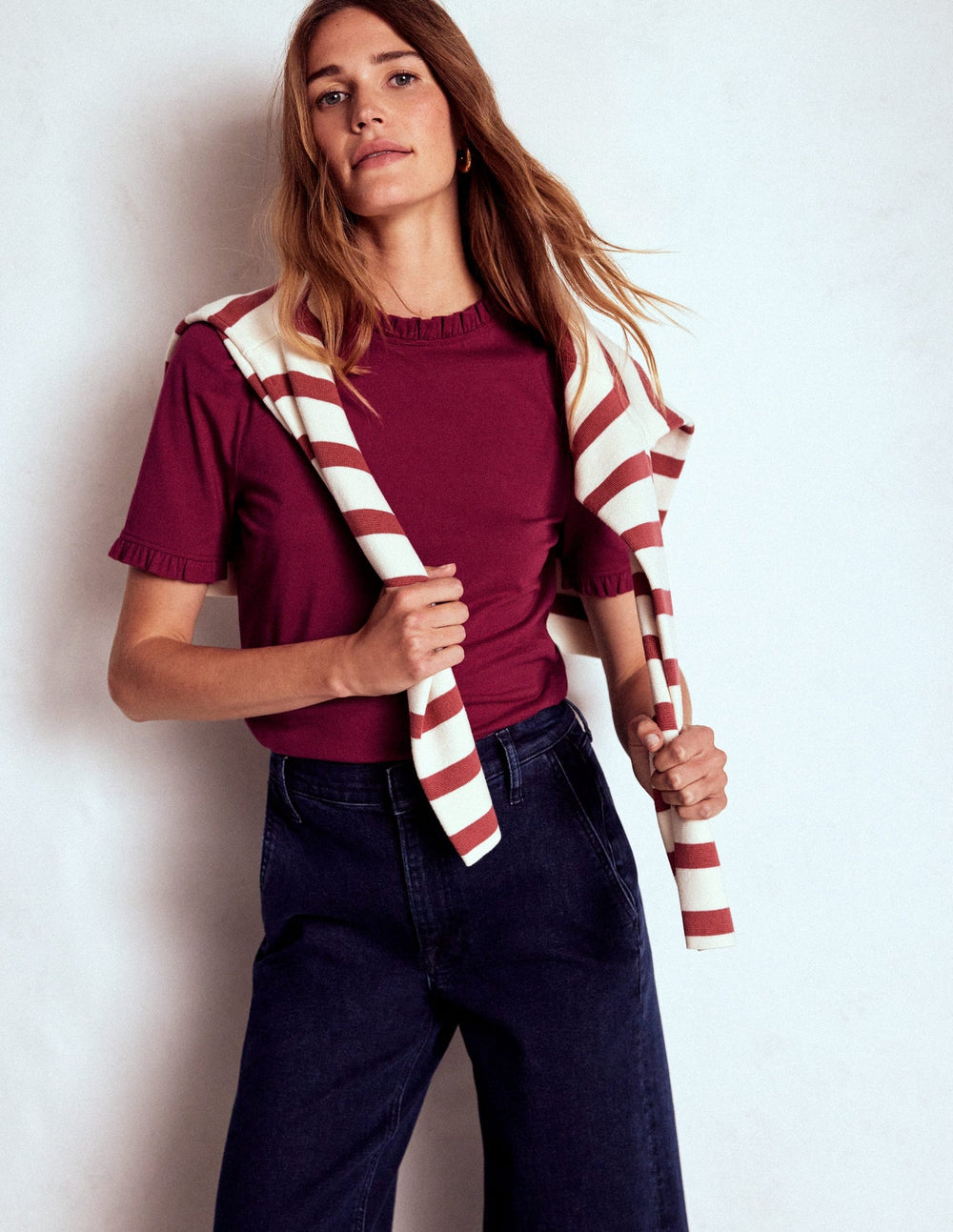 Boden Supersoft Frill Detail T-shirt - Burgundy Red