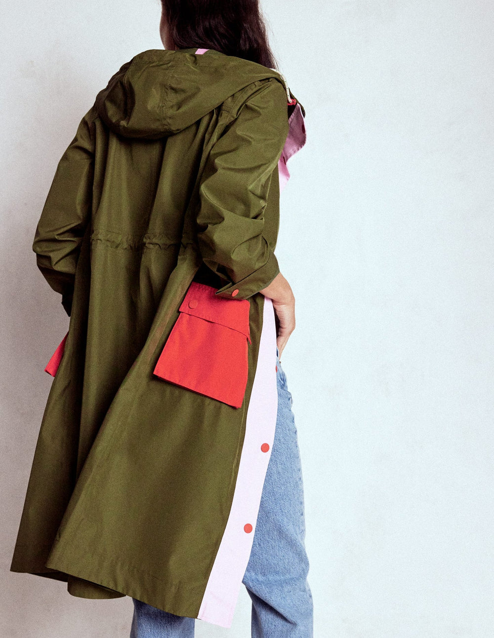 Boden Longline Rain Mac - Khaki Colourblock