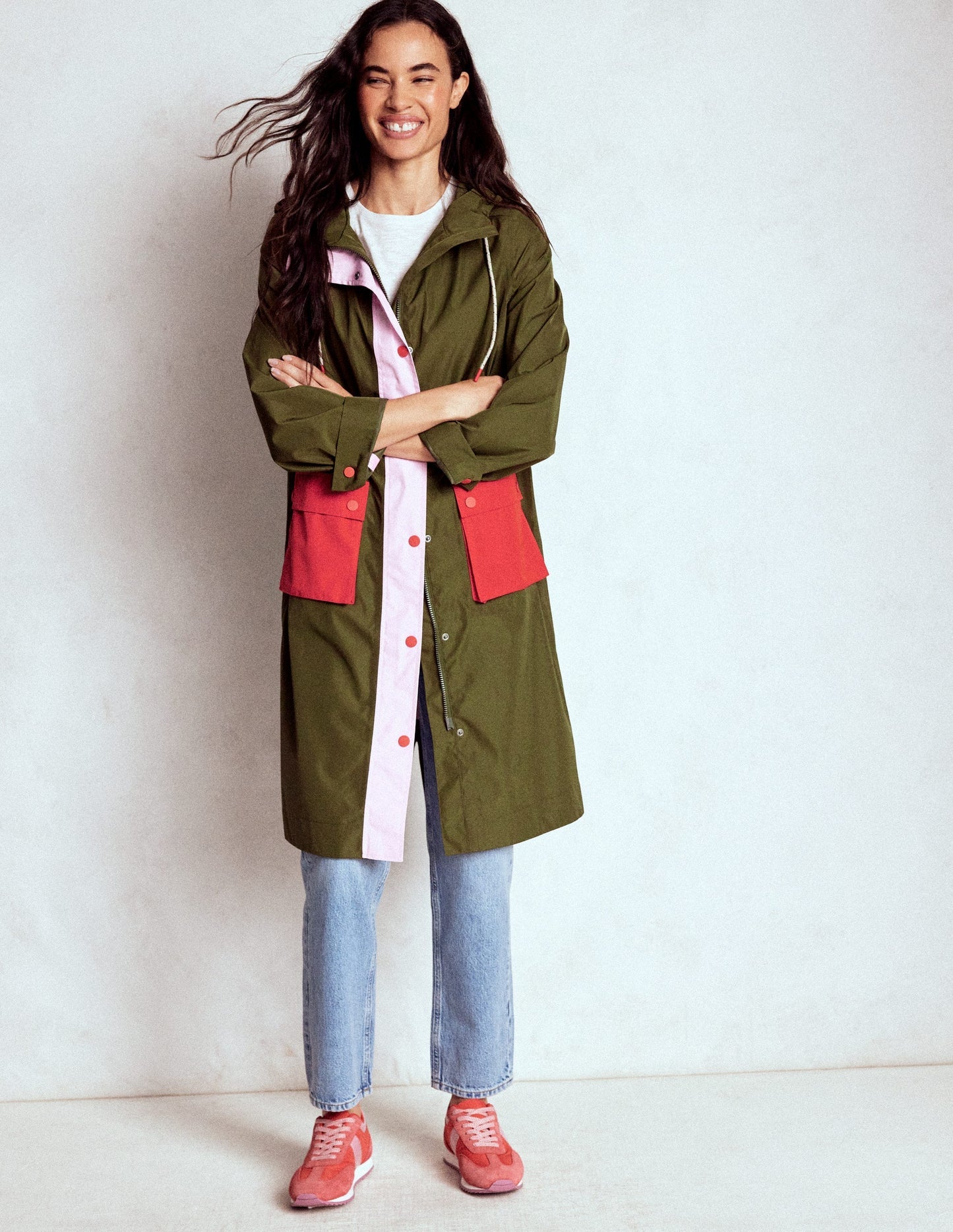 Boden Longline Rain Mac - Khaki Colourblock
