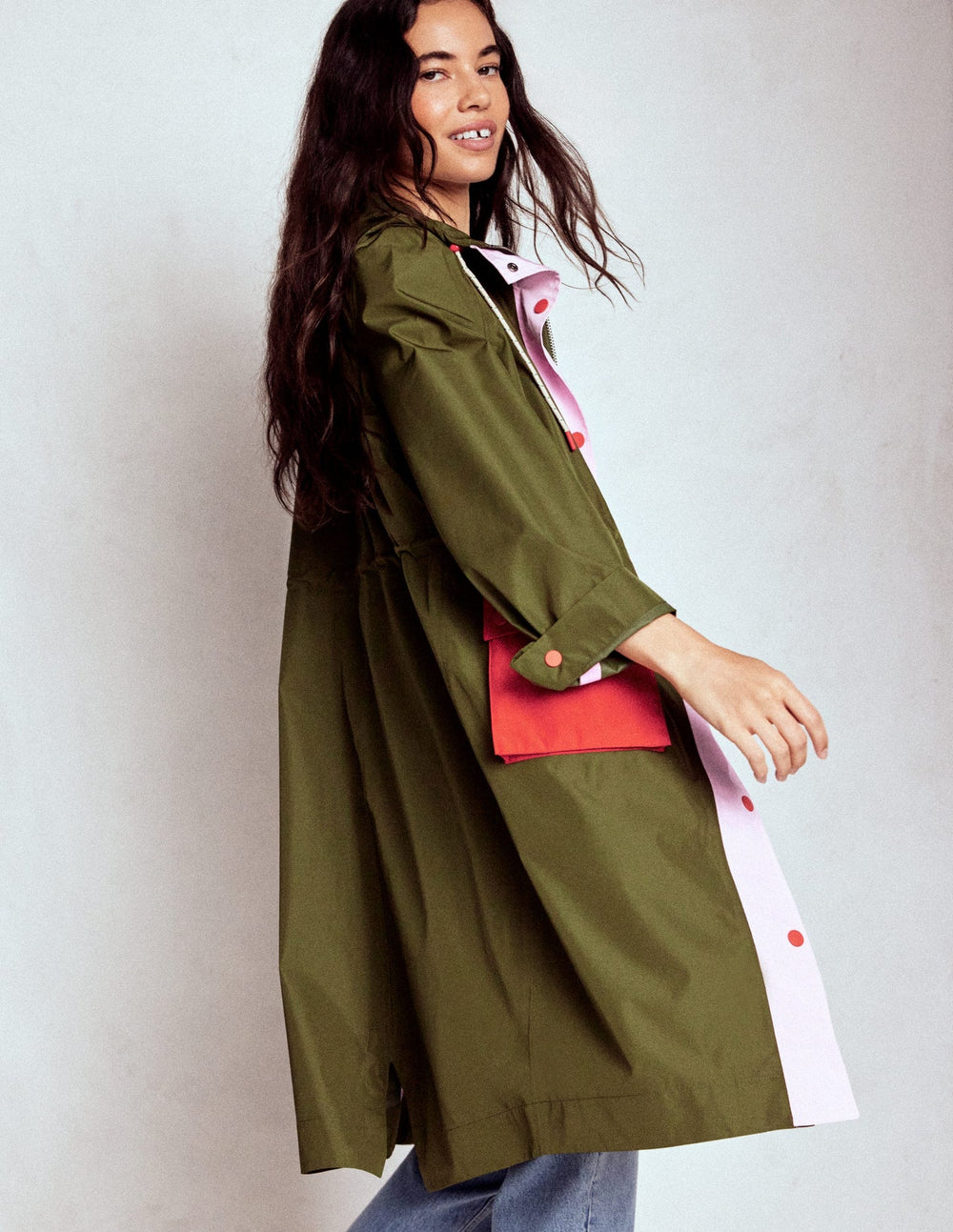 Boden Longline Rain Mac - Khaki Colourblock