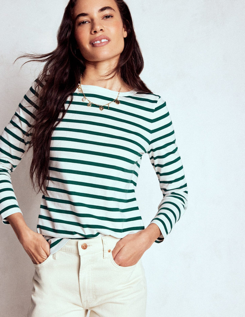 Boden Olivia Long Sleeve Breton - Emerald Night Stripe