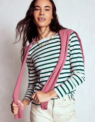 Boden Olivia Long Sleeve Breton - Emerald Night Stripe