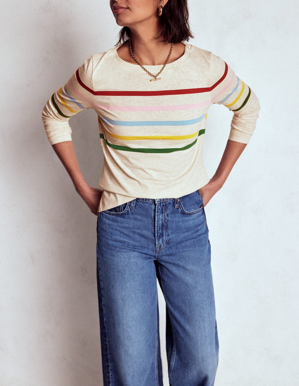 Boden Olivia Long Sleeve Breton - Oatmeal Marl Placed Breton