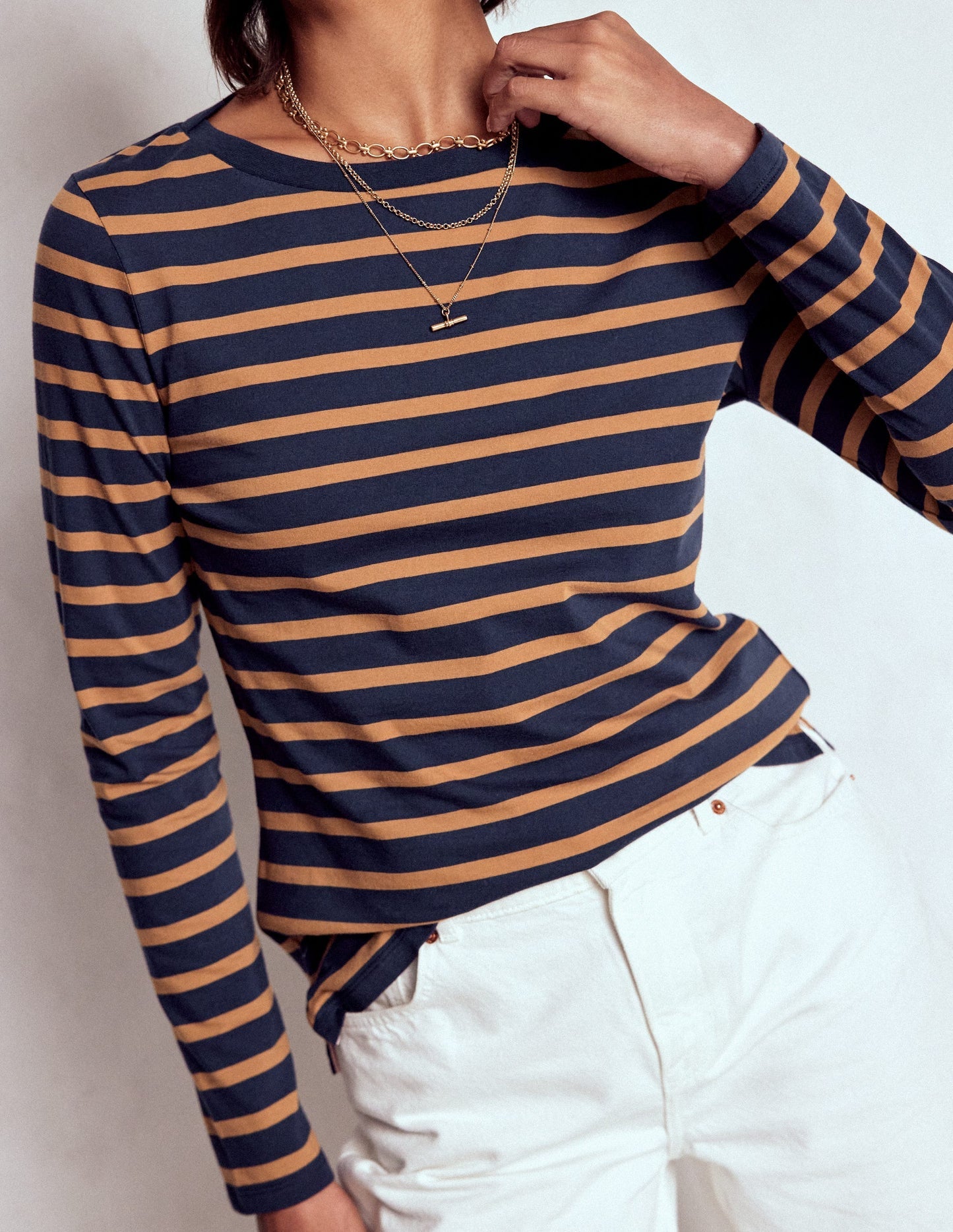 Boden Olivia Long Sleeve Breton - Navy, Camel Stripe