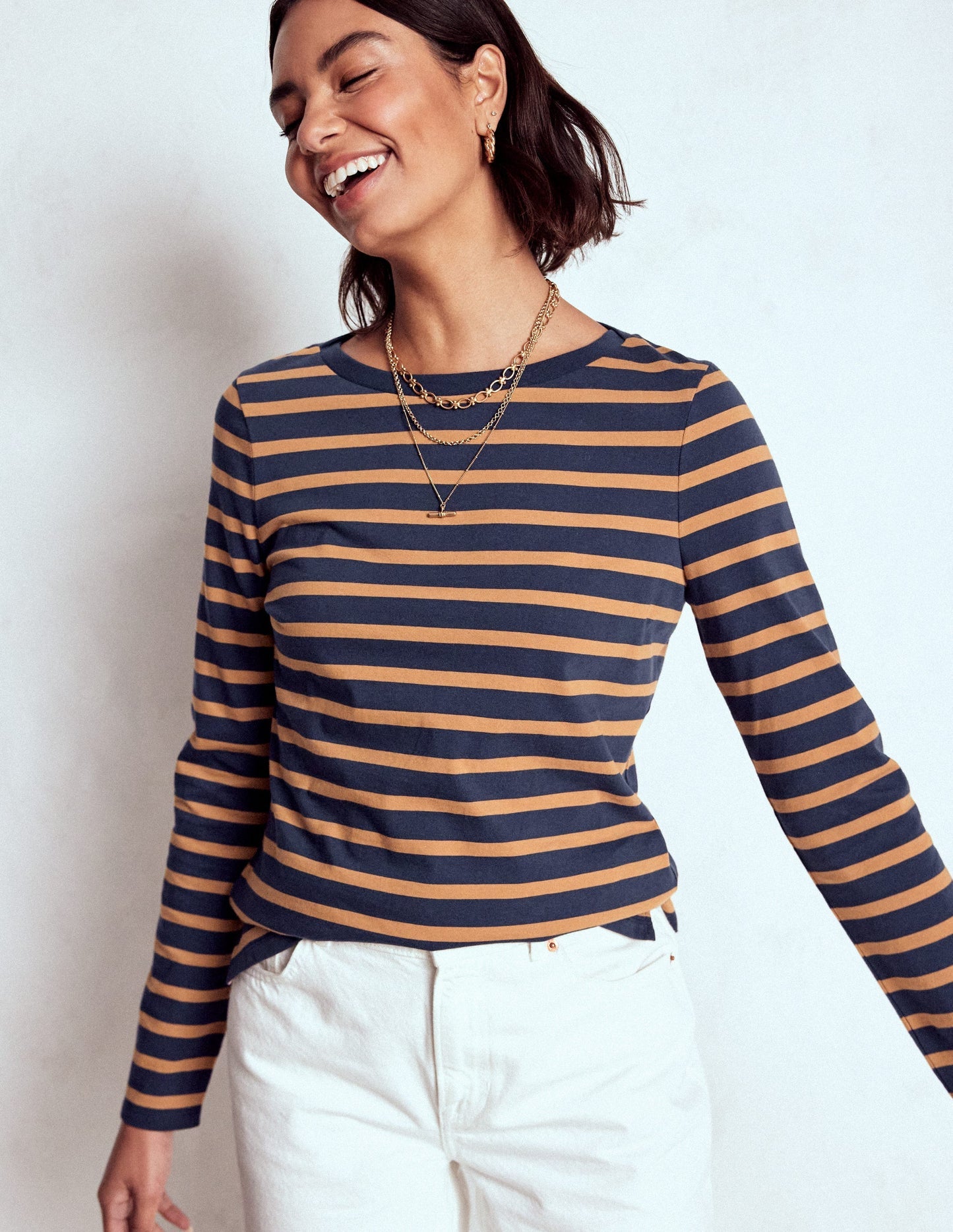 Boden Olivia Long Sleeve Breton - Navy, Camel Stripe