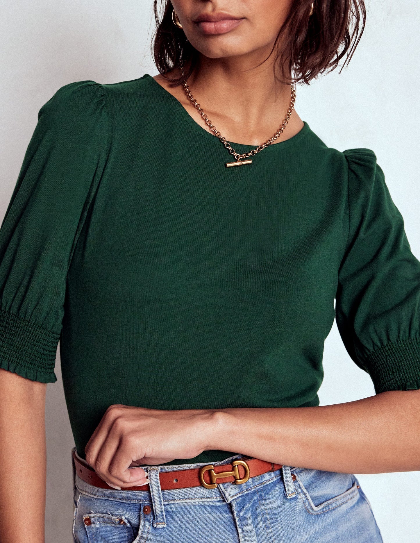 Boden Short Sleeve Smocked Cuff Top - Green Pine
