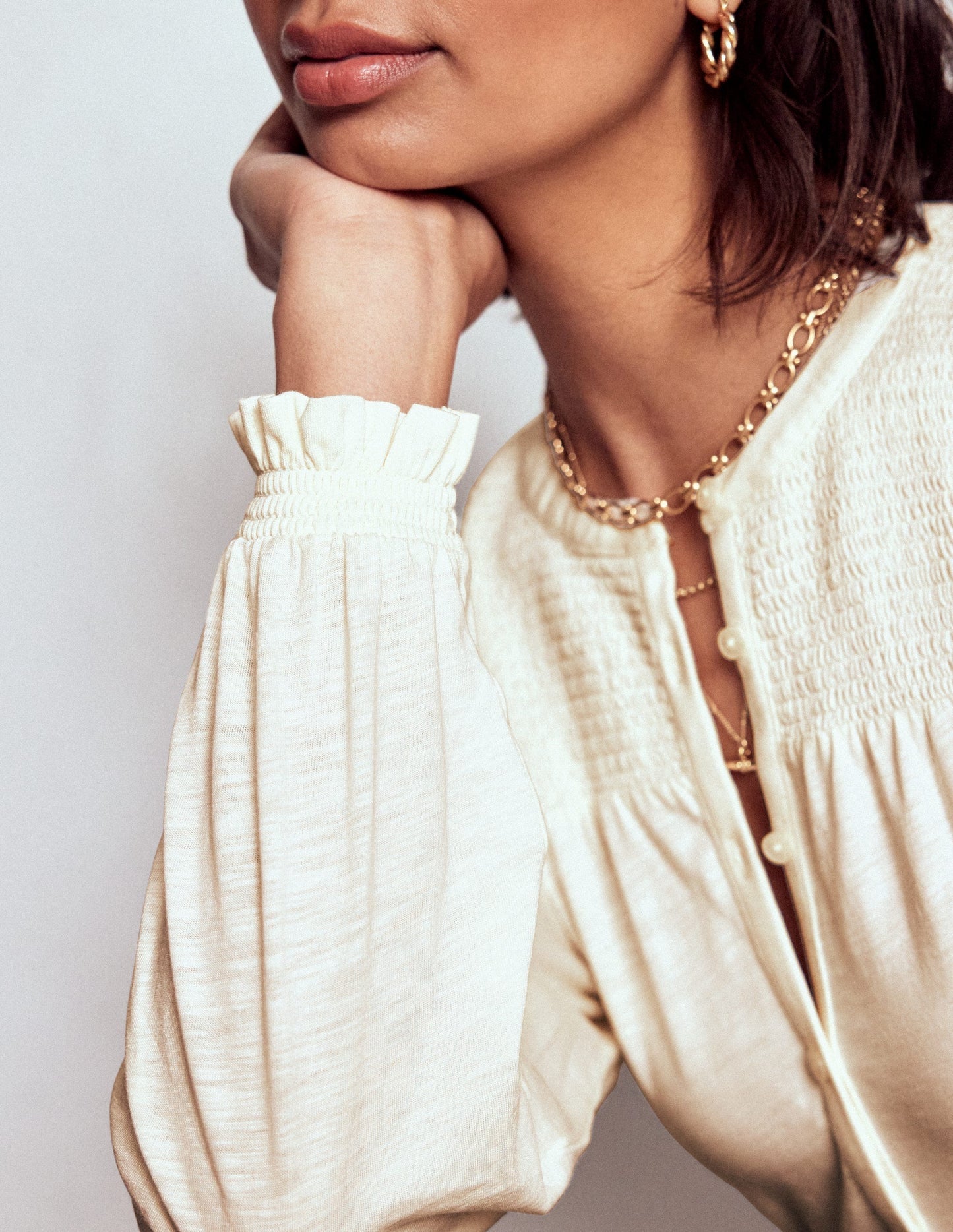 Boden Elsa Smocked Yoke Jersey Shirt - Ivory