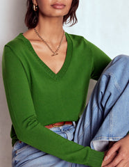 Boden Emilia Cotton V Neck Sweater - Promenade Green