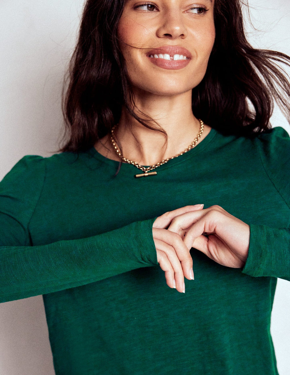 Boden Cotton Crew Long Sleeve Top - Drake Green