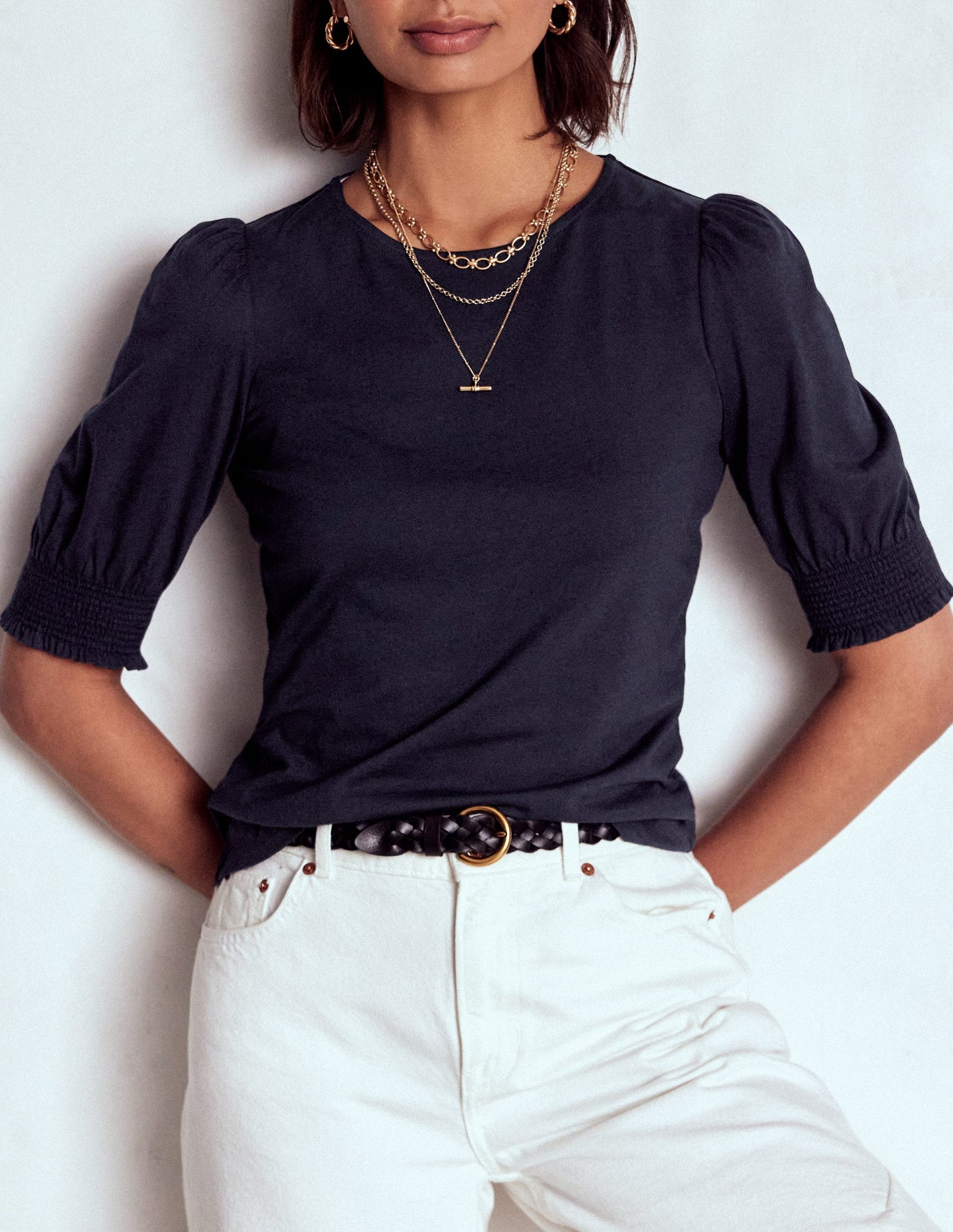 Boden Short Sleeve Smocked Cuff Top - Navy