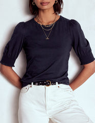 Boden Short Sleeve Smocked Cuff Top - Navy